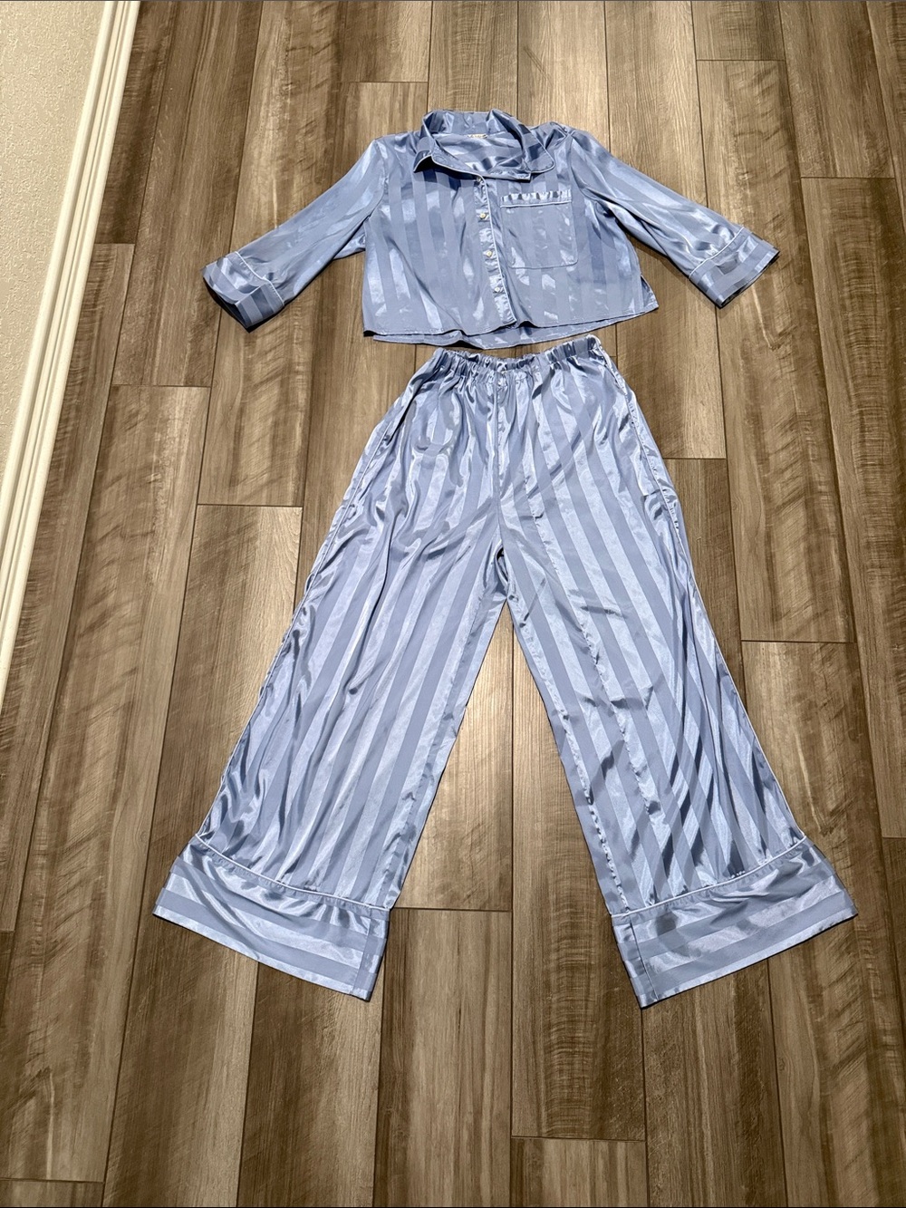 Free People Light Blue Satin Striped Pajama Set - Medium (Top and Bottom)